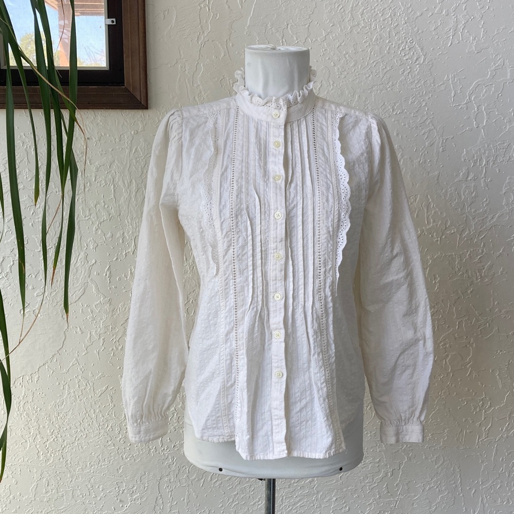 LOFT Cotton High Neck Victorian Style Blouse Eyelet Lace Western Retro